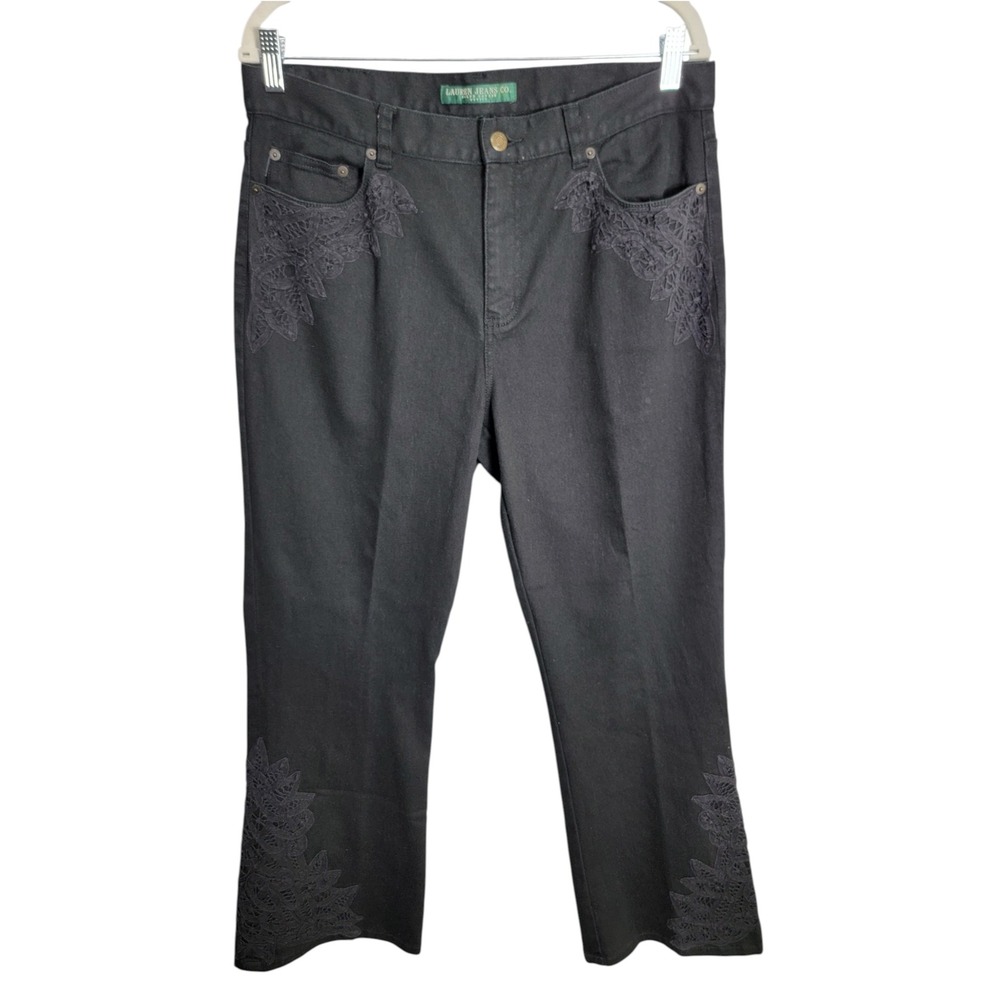 Ralph Lauren Jeans Co. Women 14P Lace Jeans Black Crochet Trim Straight Leg